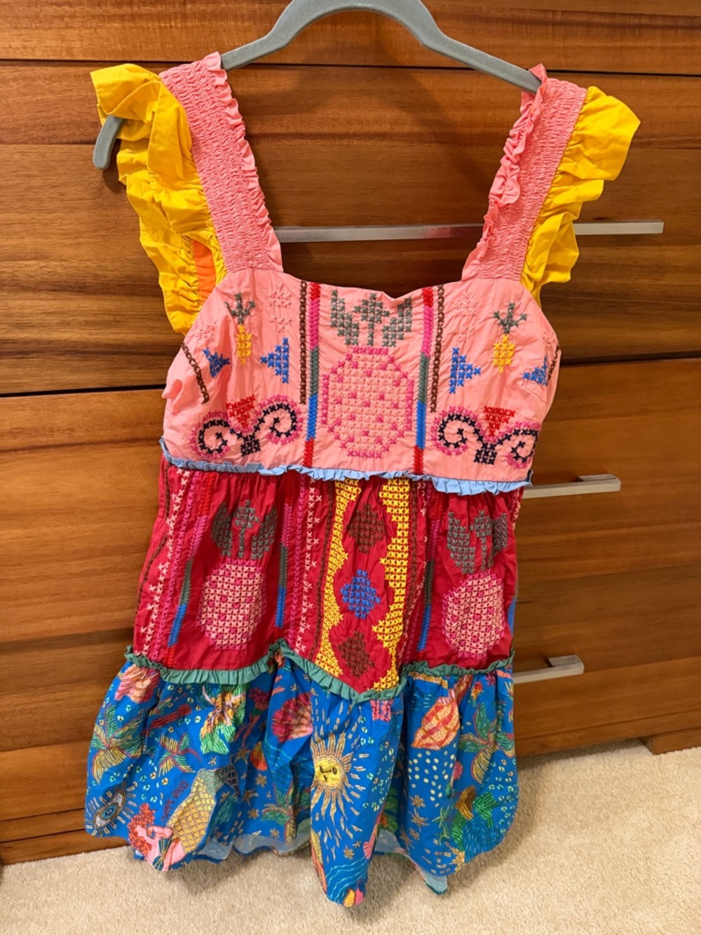 FARM Rio Multicolor Embroidered Tiered Mini Dress — Pink, Yellow, Blue, Red